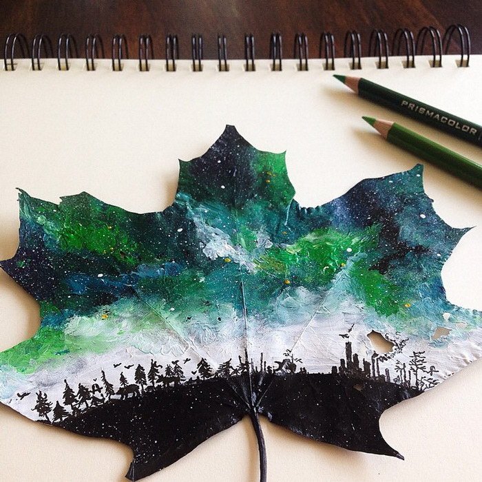 Рисунки на листьях с деревьев Joanna Wirazka (11 фото)
