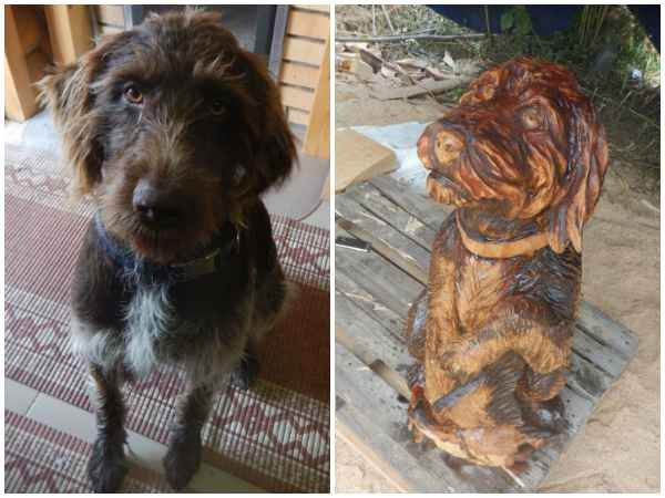Деревянная скульптура собаки, вырезанная бензопилой