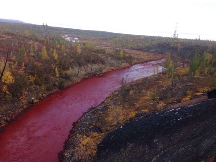 В Норильске река окрасилась в красный цвет