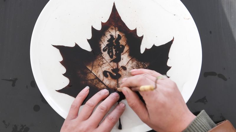 Китайский художник Хао Сюдун рисует на опавших листьях с деревьев