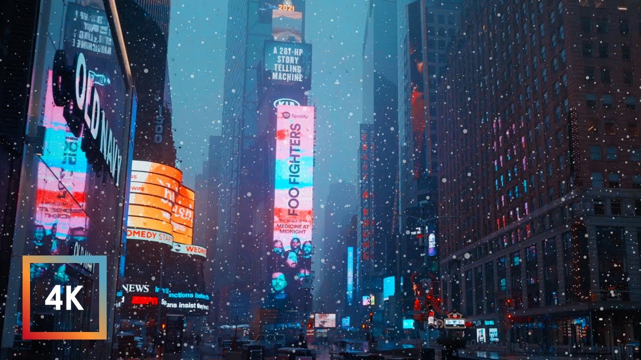Снегопад на Таймс-сквер, Нью-Йорк | Прогулка по Нью-Йорку под зимним снегом, 4k